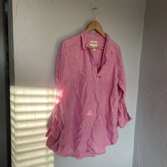 Cynthia Rowley Women Linen Lagenlook Tunic Size 1X PInk 1/4 Button Long Sleeve - Picture 3 of 9